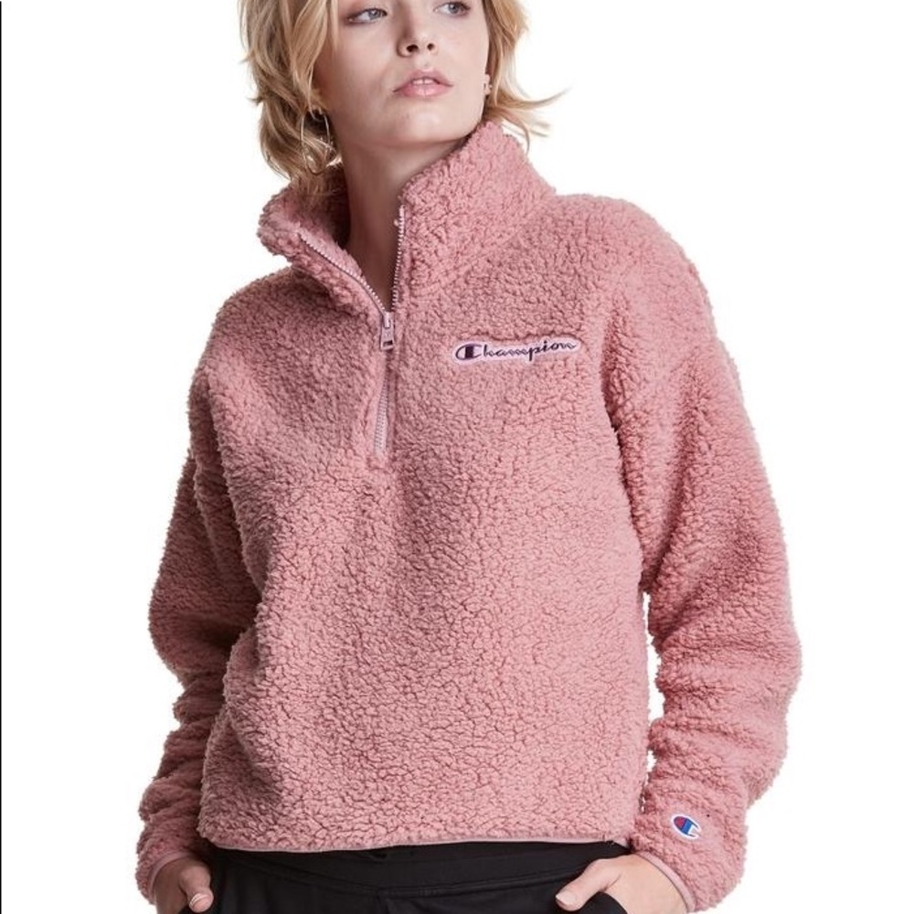 Champion Women's Cozy High Pile Quarter Zip Embroidered Logo Pink Beige